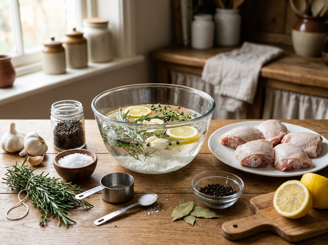 A kitchen countertop with raw chicken thighs, a glass bowl of brine, fresh herbs, garlic, peppercorns, and lemon slices arranged for preparing a chicken brine.