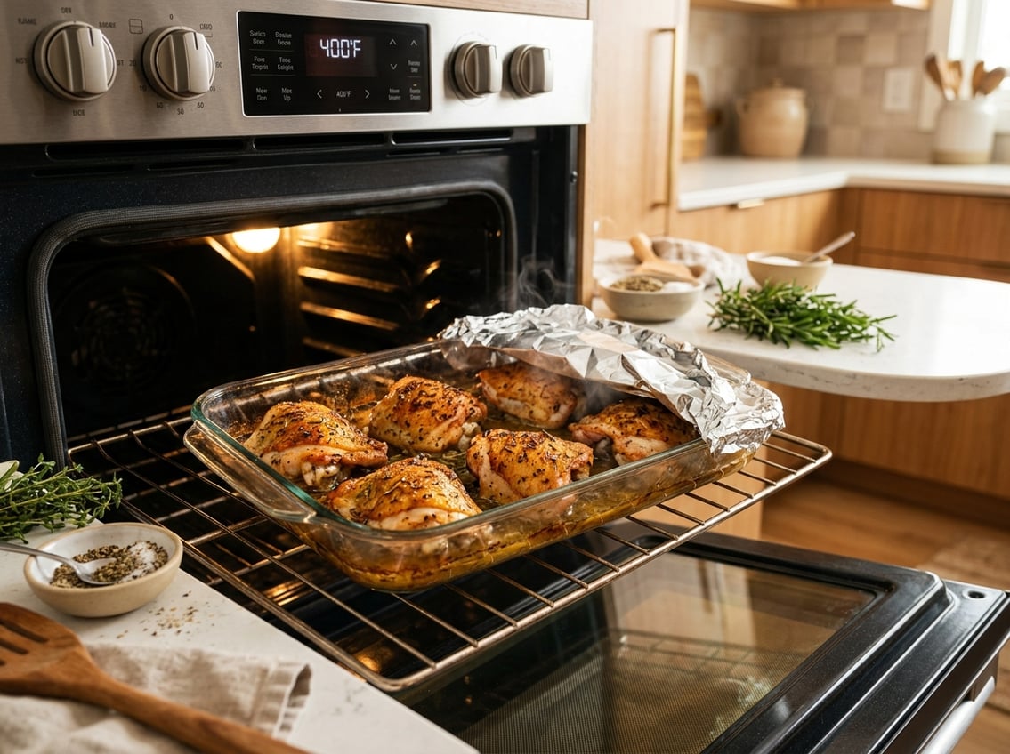 Close-up of chicken thighs baking in a glass dish inside an oven, some covered with foil and others uncovered, with fresh herbs and kitchen utensils nearby.