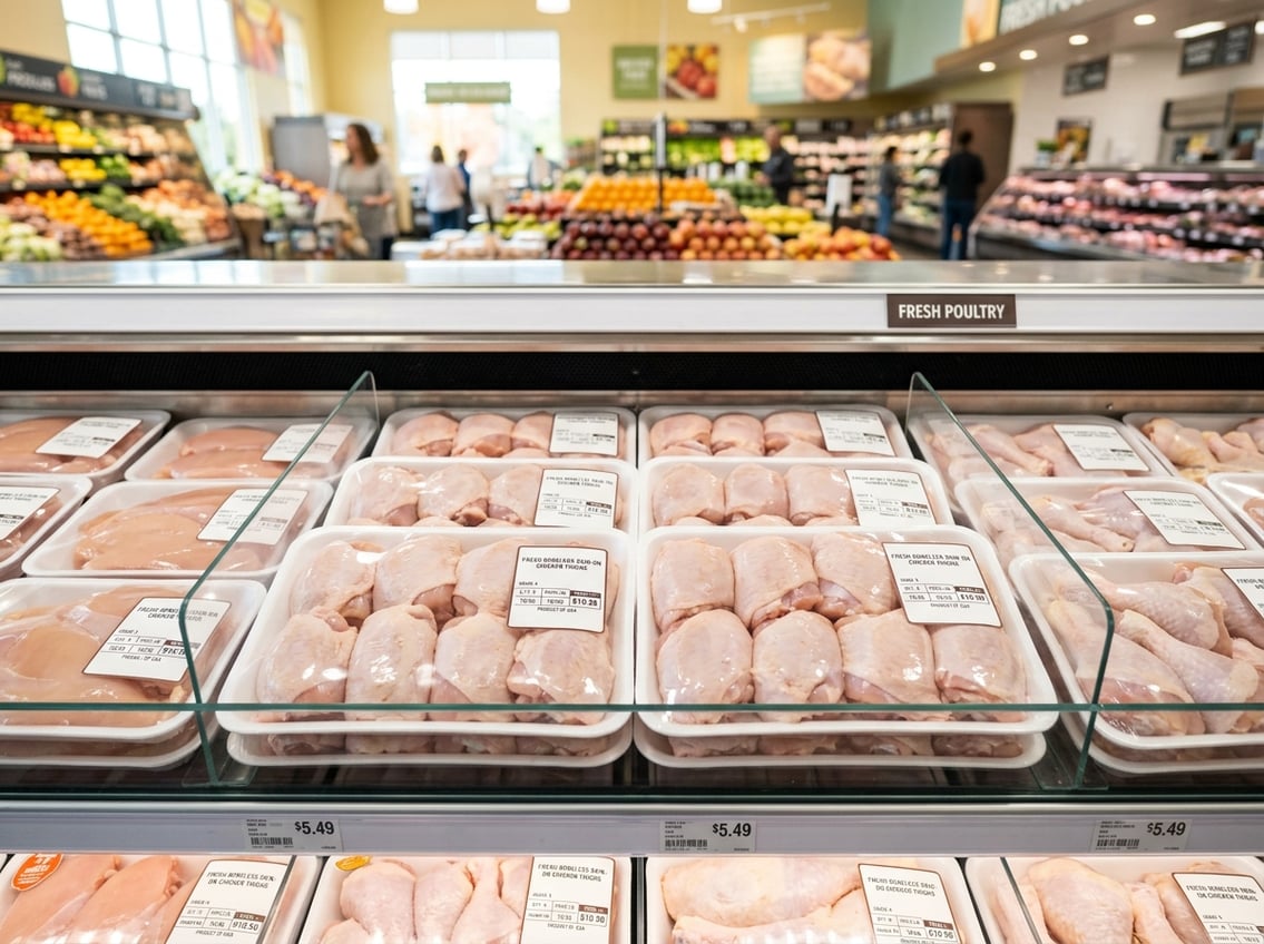 Fresh boneless skin-on chicken thighs displayed on trays in a grocery store poultry section.