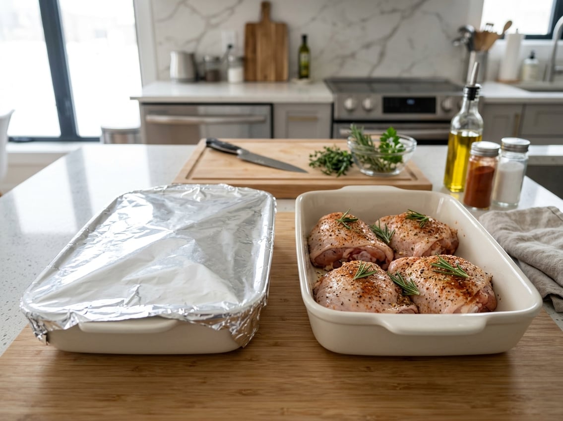 Two baking dishes with raw chicken thighs on a kitchen countertop, one covered with foil and one uncovered.