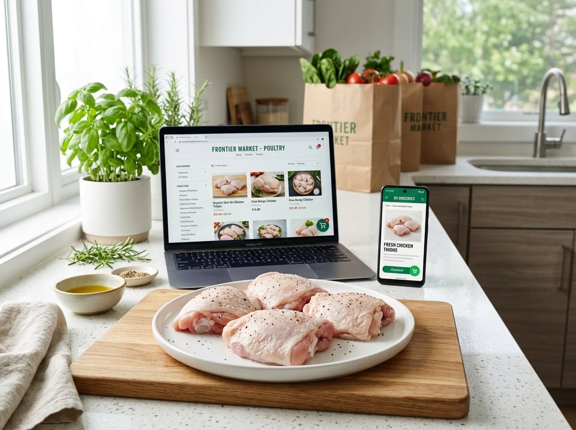 A kitchen countertop with boneless skin-on chicken thighs on a plate next to a laptop and smartphone showing online grocery and delivery apps.