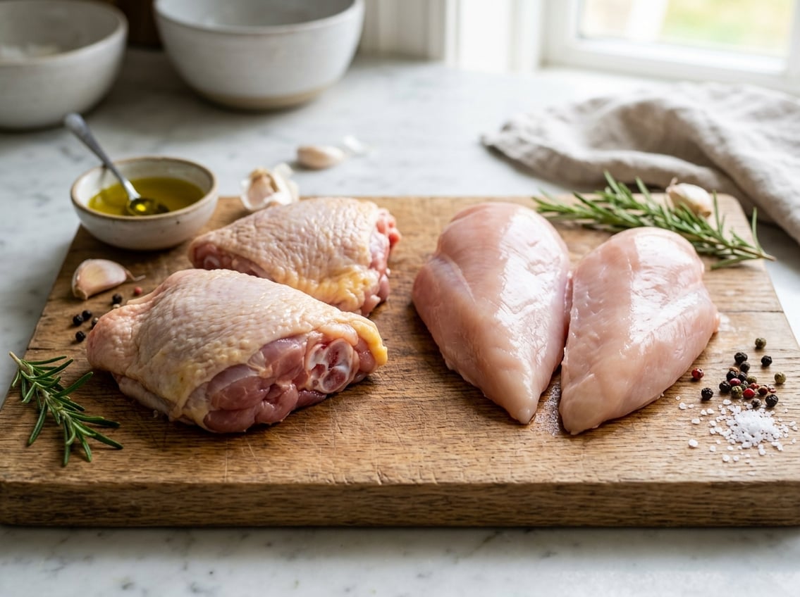 Close-up of raw chicken thighs and breasts side by side on a wooden cutting board with fresh herbs and garlic nearby.