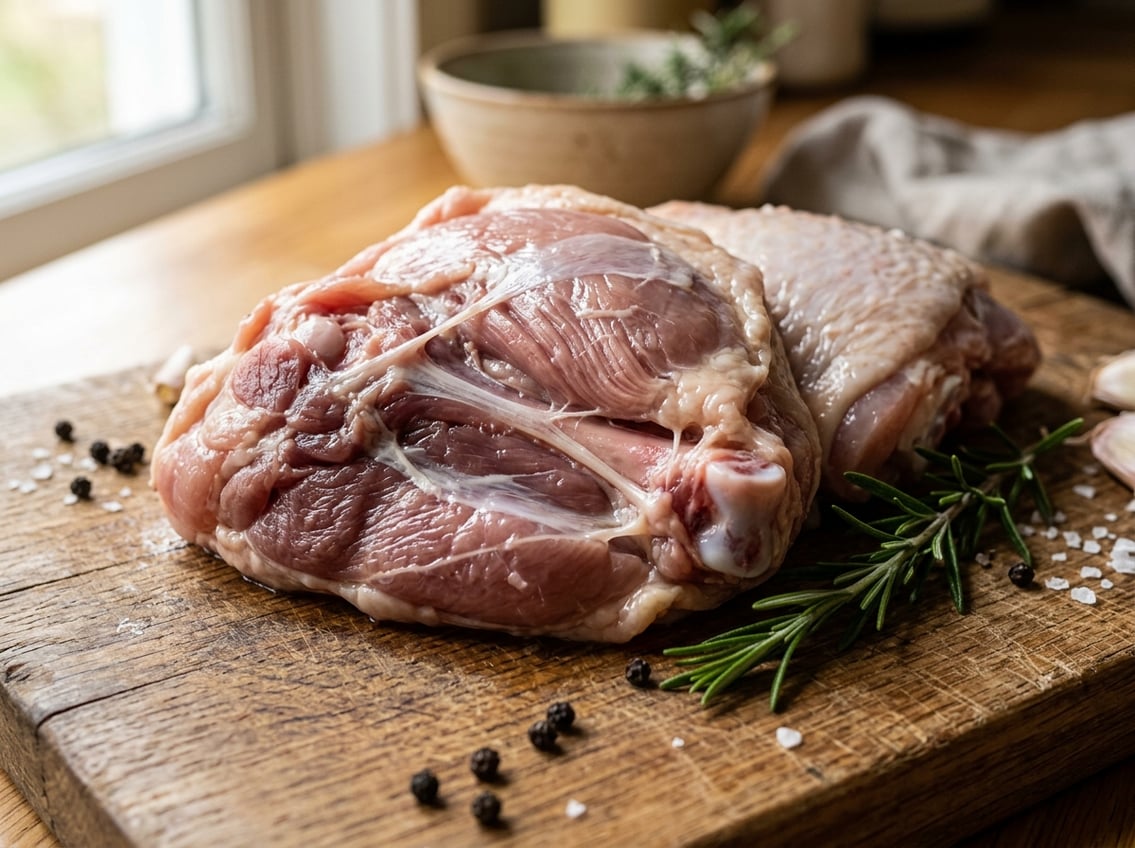 Close-up of raw chicken thighs on a cutting board showing detailed texture and connective tissue with herbs around.