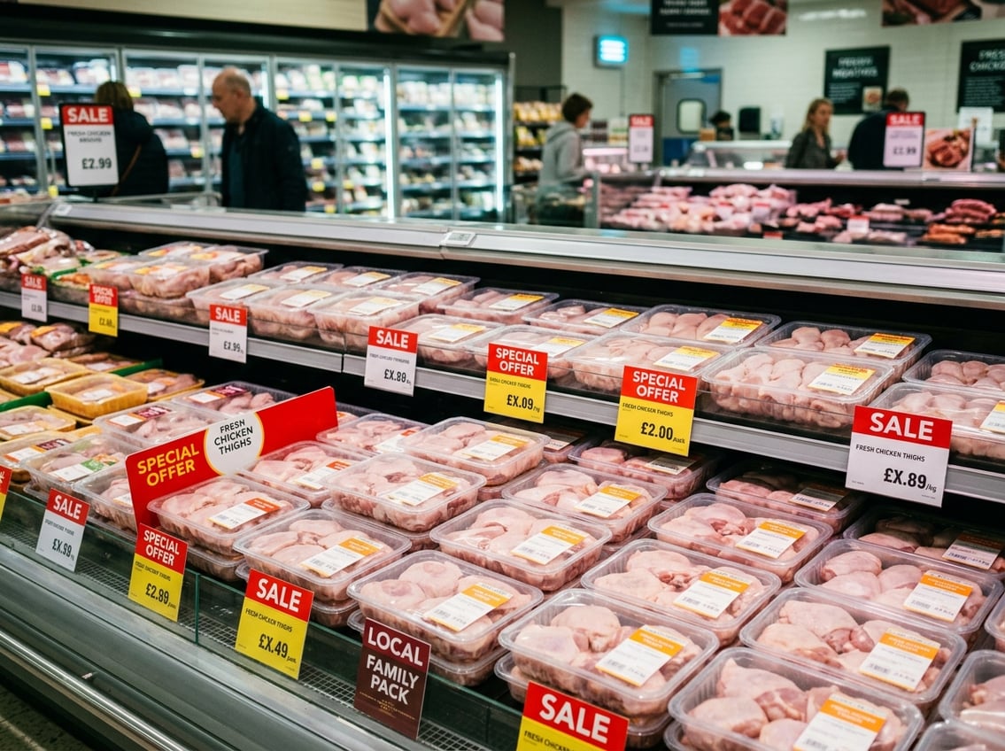 Fresh chicken thighs displayed in clear trays on a supermarket meat shelf with sale signs and other meat products around.