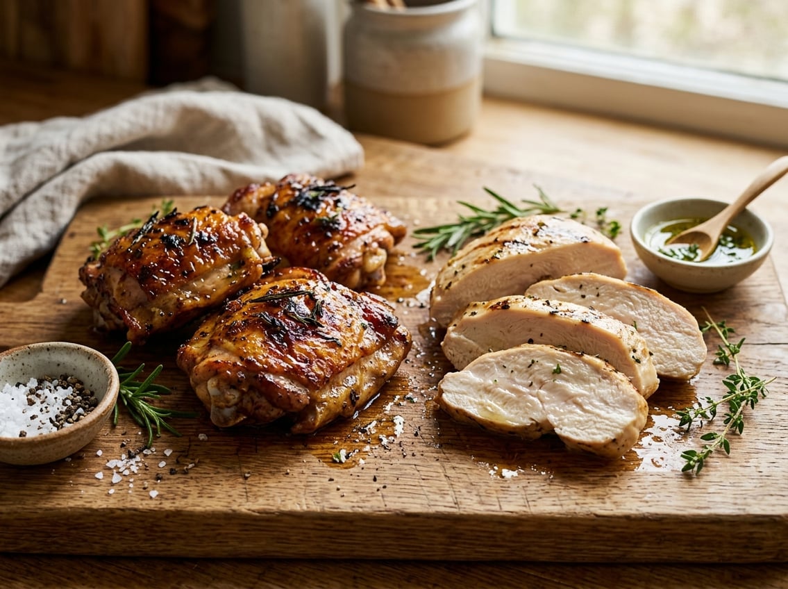 Close-up view of cooked chicken thighs and chicken breasts arranged on a wooden cutting board with fresh herbs nearby.