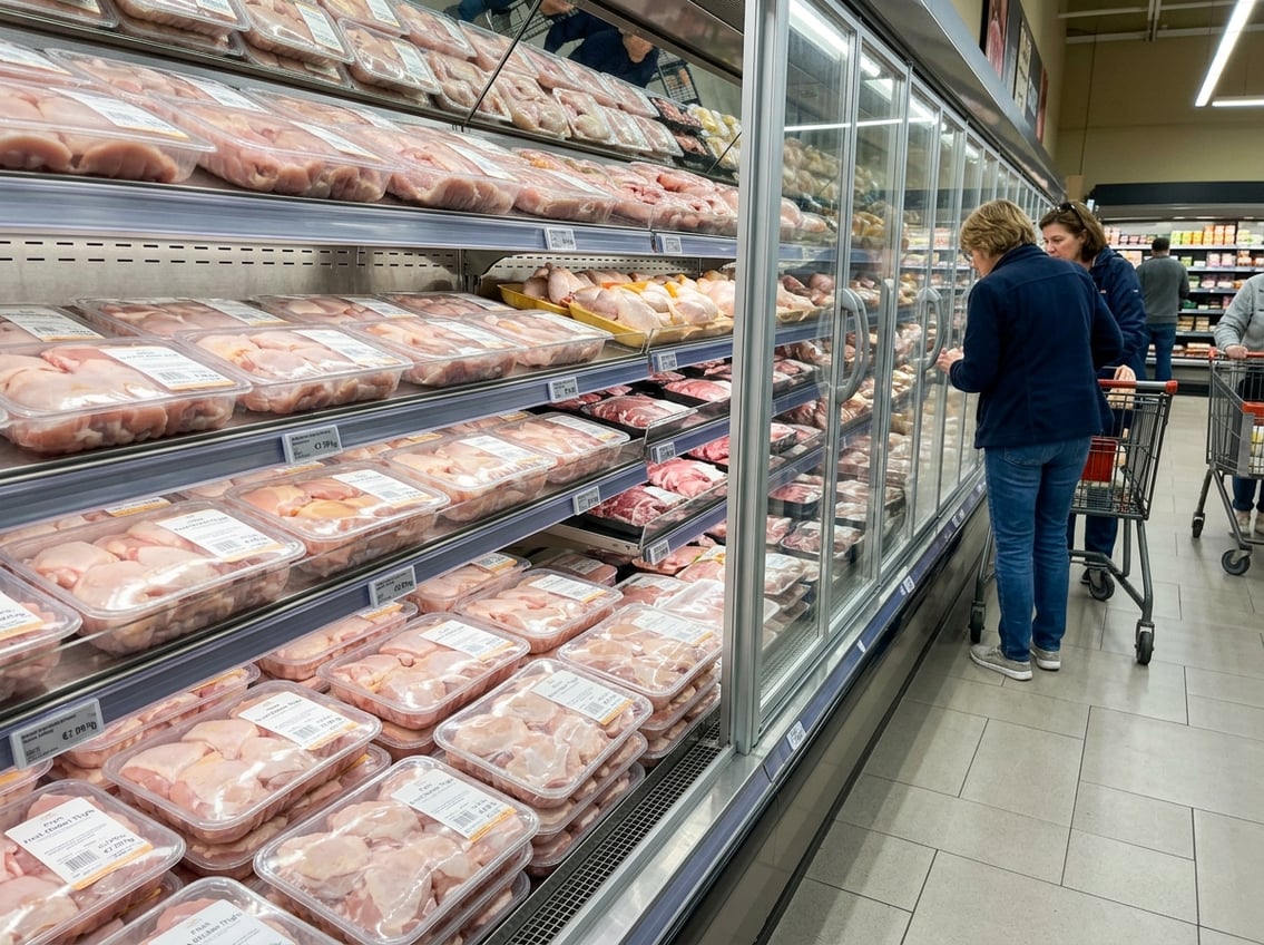 Grocery store meat aisle with fresh chicken thighs displayed in refrigerated cases and shoppers browsing in the background.