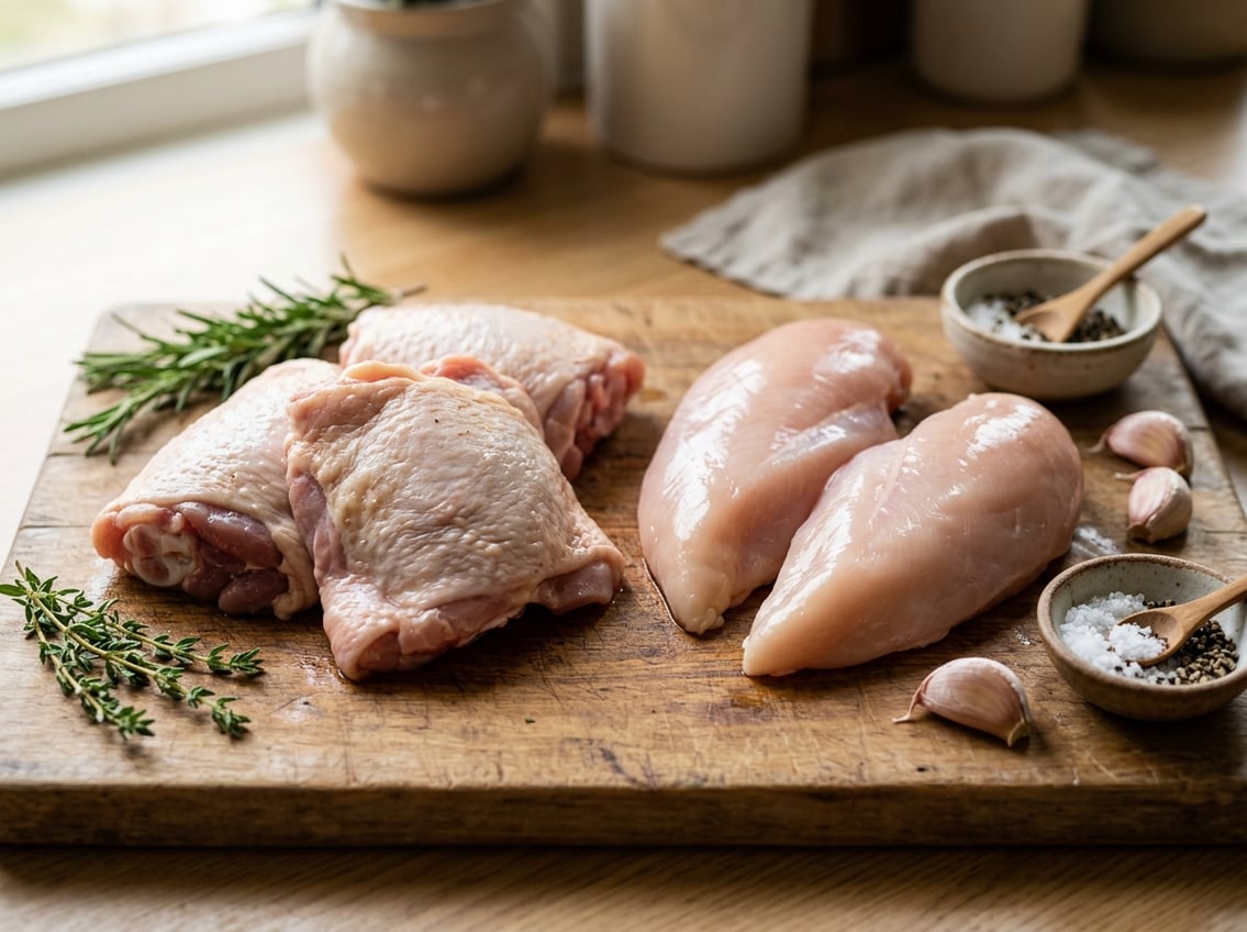 Close-up of raw chicken thighs and chicken breasts side by side on a wooden cutting board with fresh herbs and seasonings around them.