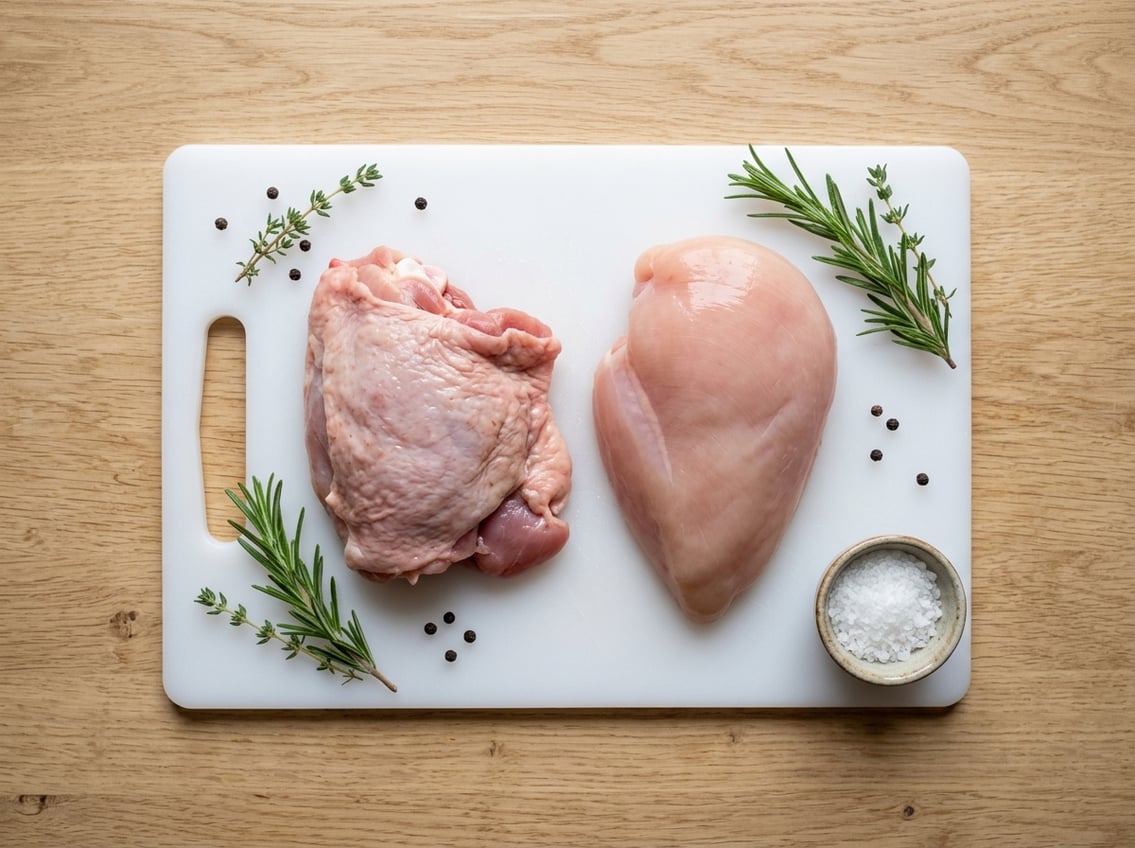Two raw chicken cuts, a thigh and a breast, placed side by side on a cutting board with herbs and spices around them.