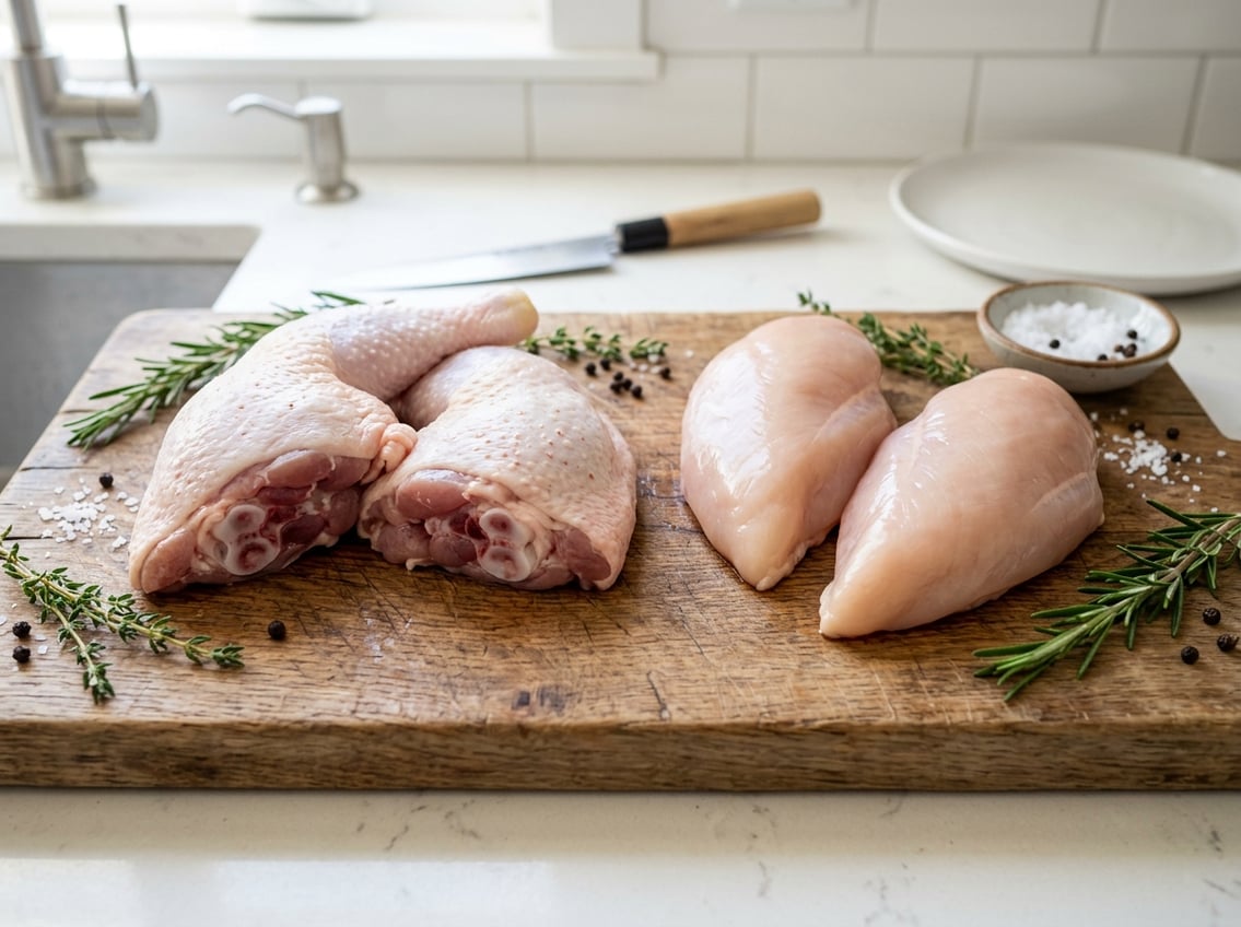 Close-up of bone-in chicken thighs and boneless chicken breasts on a wooden cutting board with fresh herbs and seasoning nearby.