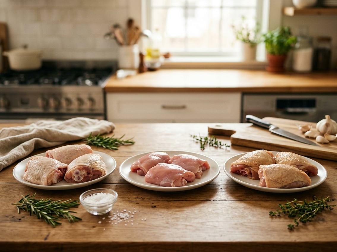 Three plates on a kitchen countertop showing bone-in, boneless, and organic chicken thighs with fresh herbs and spices nearby.