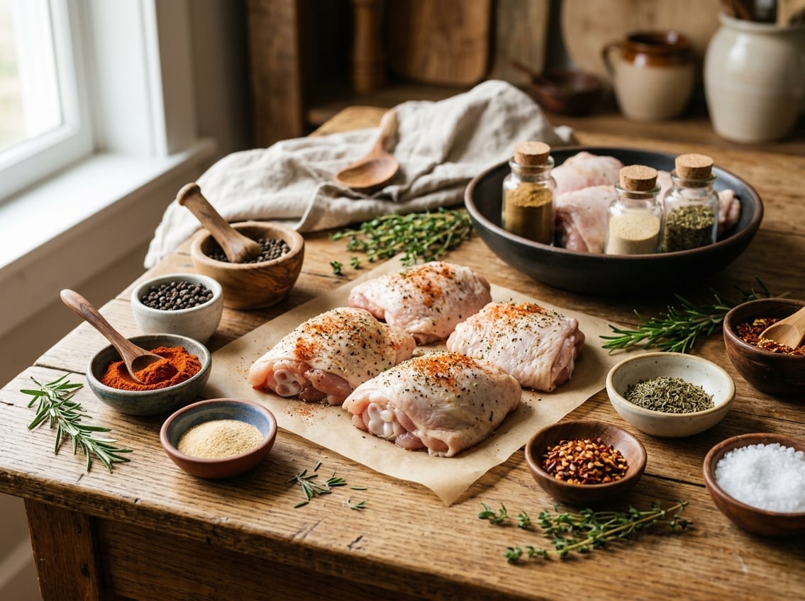 Raw chicken thighs surrounded by various bowls and spoons of colorful spices and fresh herbs on a wooden table.