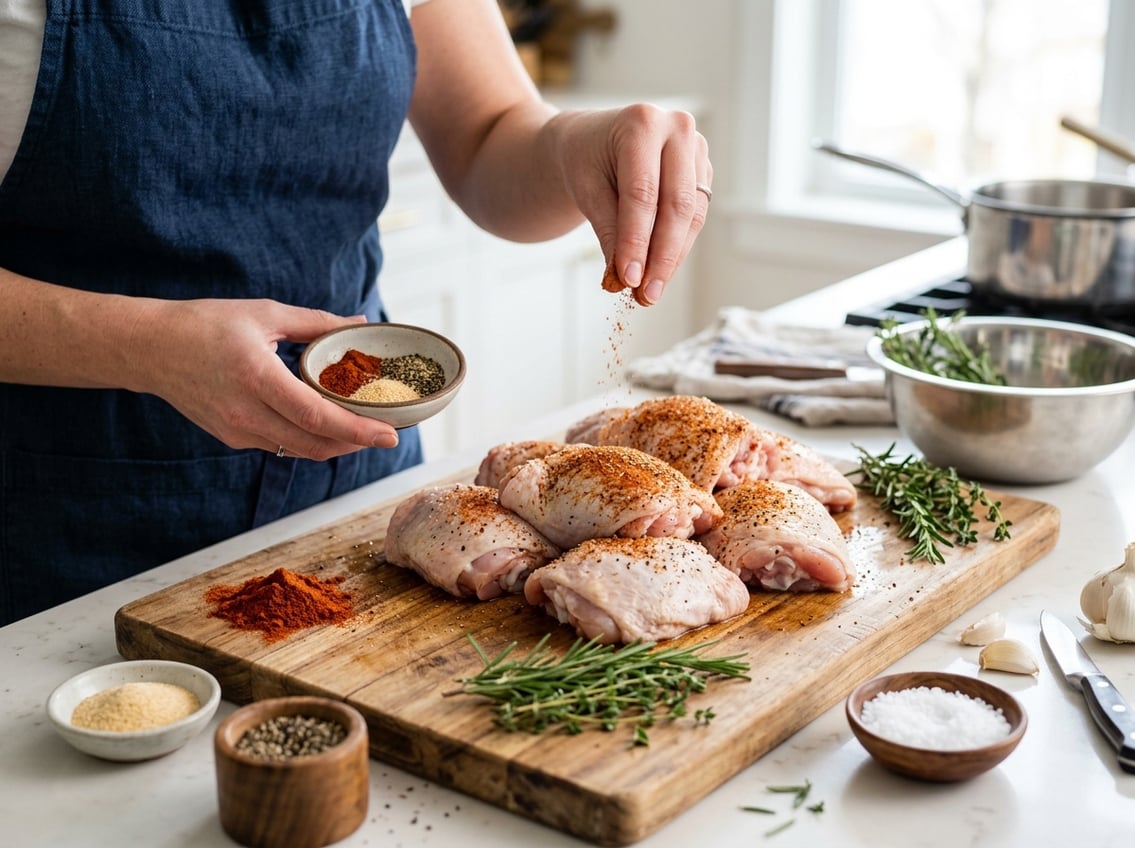 Close-up of raw chicken thighs being seasoned with spices on a wooden cutting board in a kitchen.