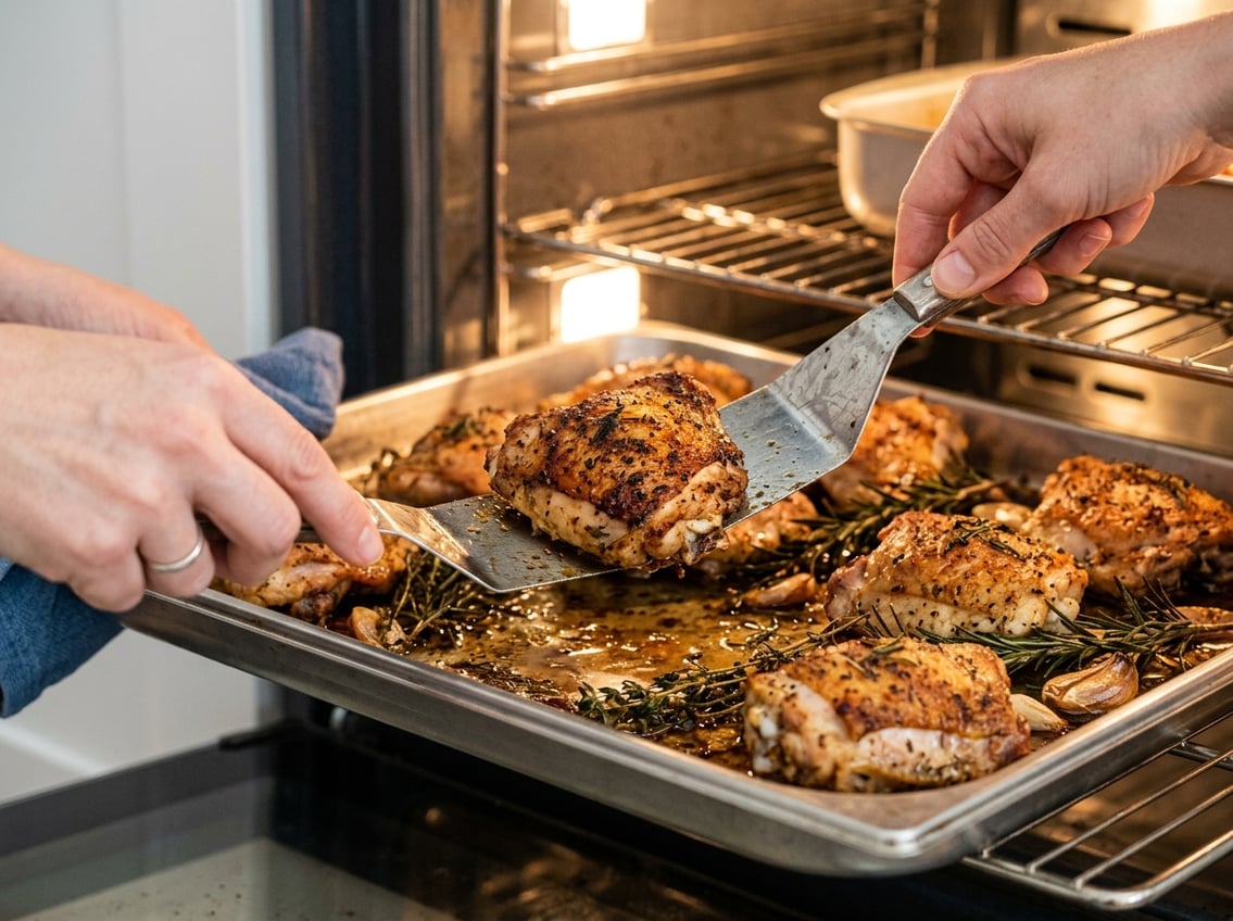 Hands flipping golden brown chicken thighs with a spatula inside a modern oven on a metal tray with herbs.