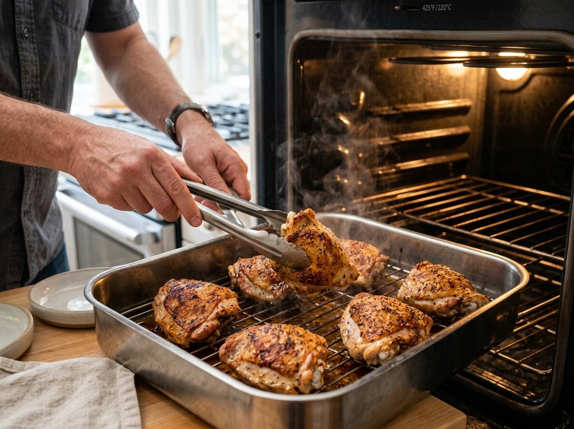 Hands flipping golden-brown chicken thighs in a roasting pan inside an oven.