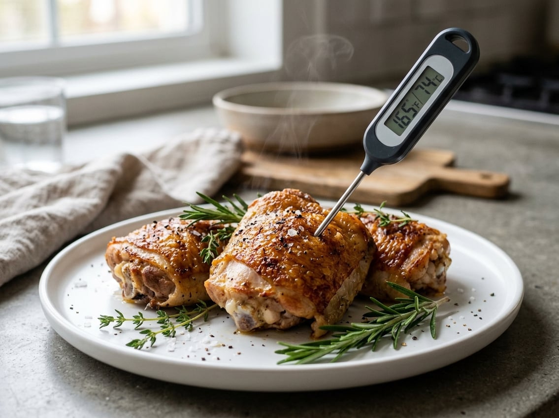 Close-up of cooked chicken thighs on a plate with a digital thermometer showing the internal temperature.