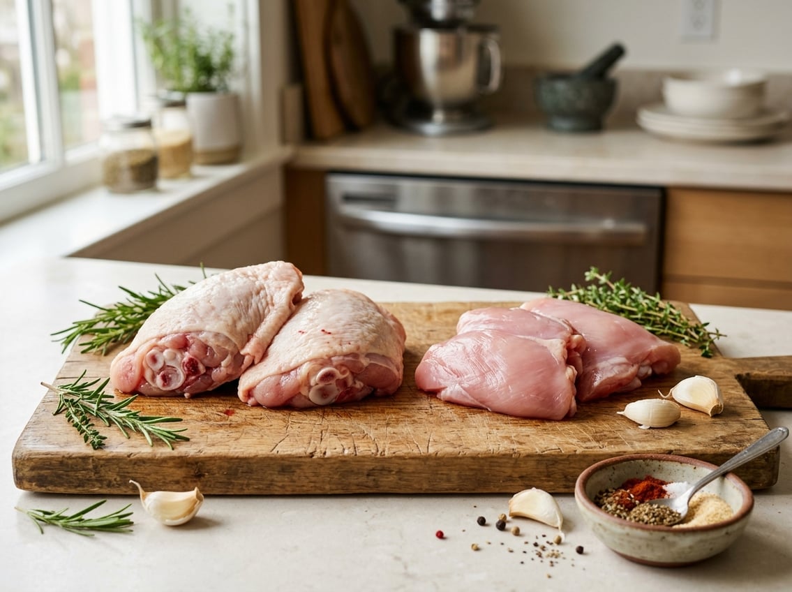 Close-up of bone-in and boneless chicken thighs on a wooden cutting board with herbs and garlic in a kitchen setting.