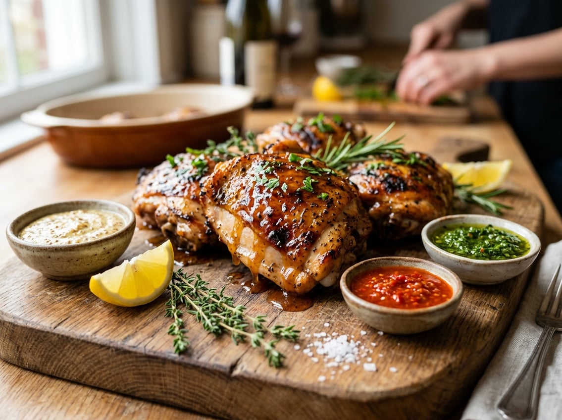 Close-up of cooked chicken thighs glazed with sauce on a wooden board, surrounded by small bowls of different sauces and fresh herbs.