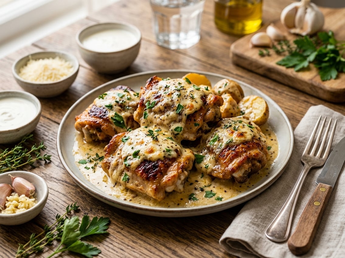 Plate of cooked chicken thighs covered in creamy cheesy sauce with fresh herb garnish on a wooden table with bowls of ingredients nearby.