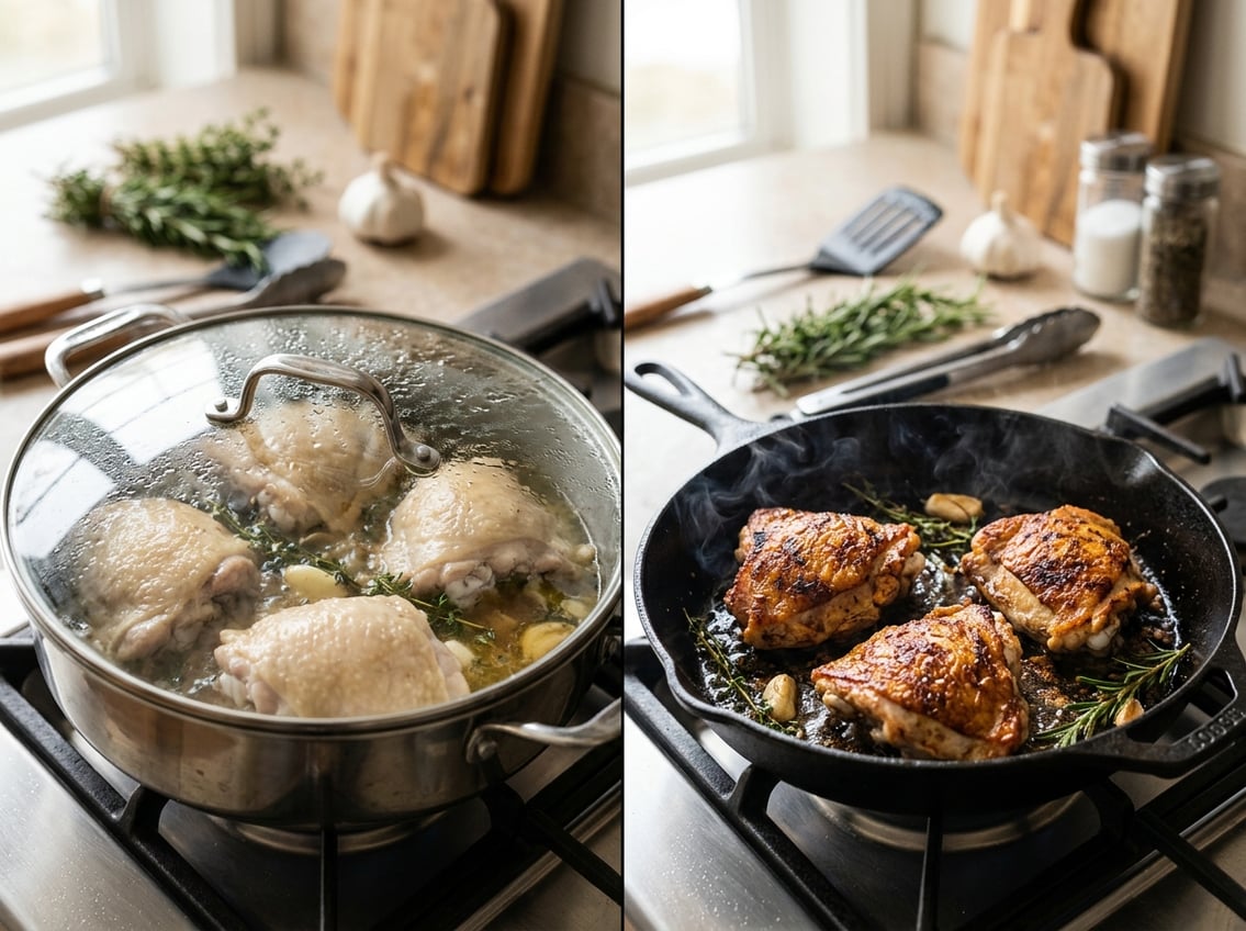Split image showing chicken thighs cooking covered with a lid on one side and uncovered in a skillet on the other, highlighting differences in moisture and texture.