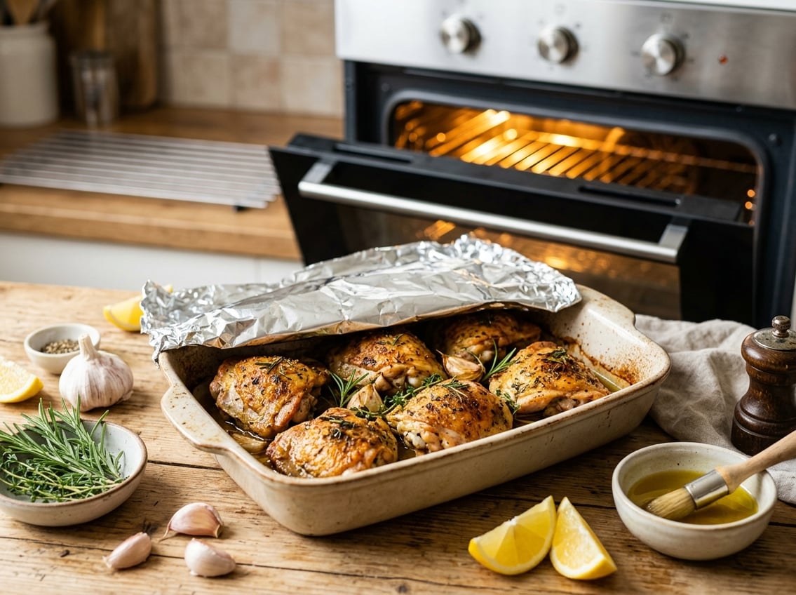 A close-up of golden-brown chicken thighs in a baking dish partially covered with foil, with fresh herbs and cooking ingredients nearby in a kitchen setting.
