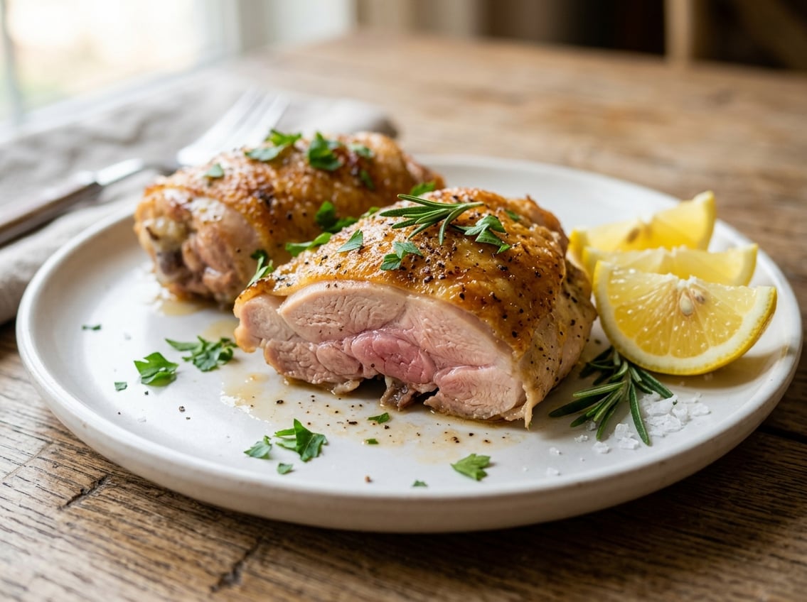 Close-up of cooked chicken thighs with a slight pink color on a white plate garnished with herbs and lemon wedges.