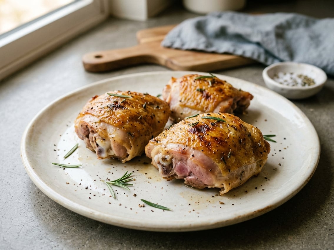 Close-up of cooked chicken thighs on a white plate showing a slight pink color near the bone.