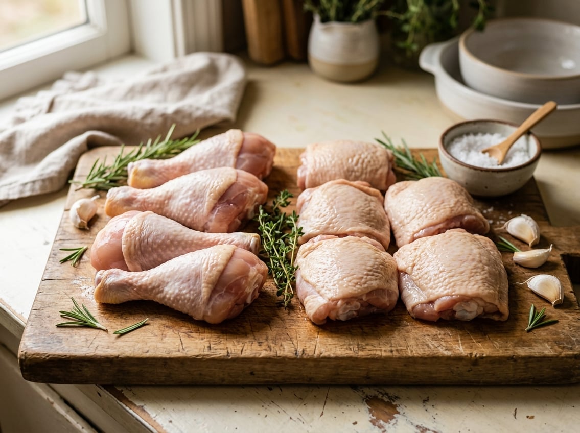 Close-up of raw chicken thighs and drumsticks on a wooden cutting board with herbs and garlic around them.