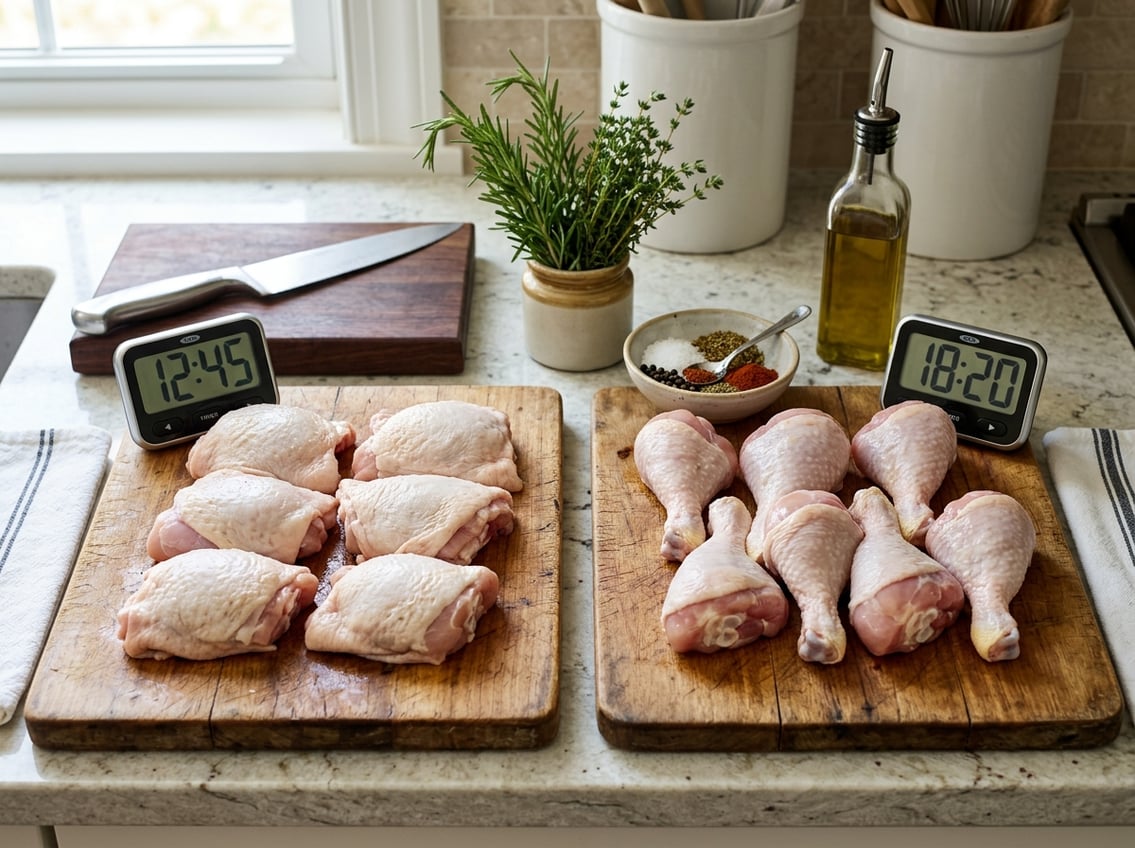 Raw chicken thighs and legs on separate cutting boards with kitchen timers showing different cooking times, surrounded by fresh herbs and cooking utensils on a kitchen countertop.