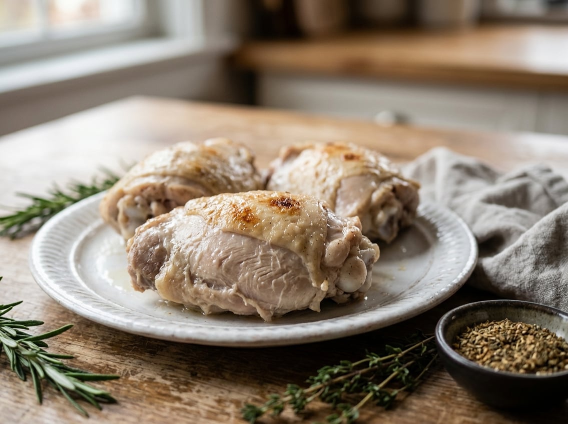 Close-up of cooked chicken thighs with a slightly grey color on a plate, garnished with fresh herbs.