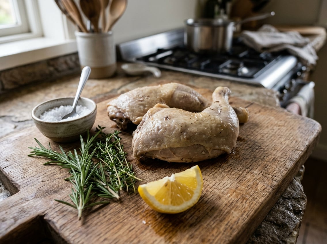 Close-up of cooked chicken thighs with slightly greyish color on a wooden cutting board, surrounded by fresh herbs and a lemon wedge.