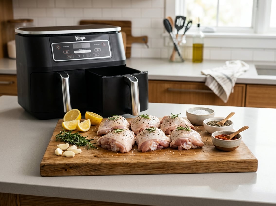Fresh raw chicken thighs on a cutting board with herbs and spices next to an open air fryer in a kitchen.