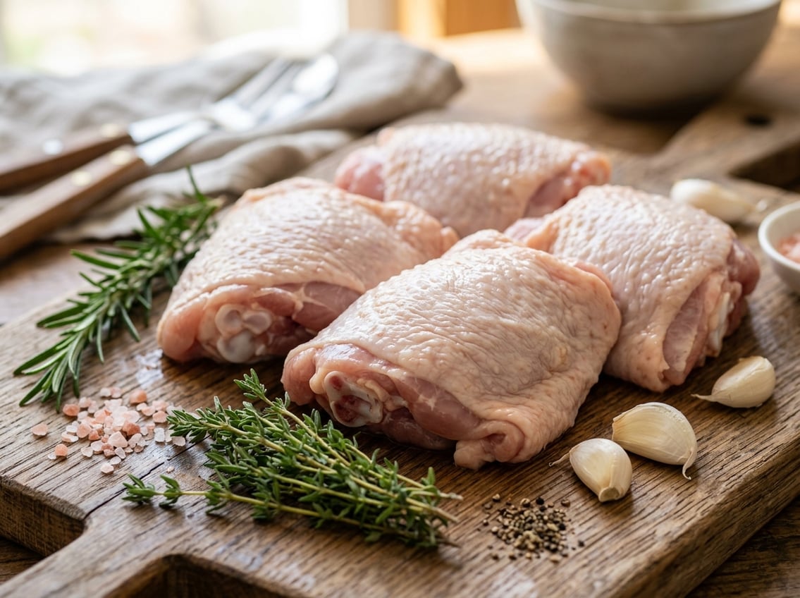 Close-up of raw chicken thighs on a wooden cutting board with herbs and garlic around them.