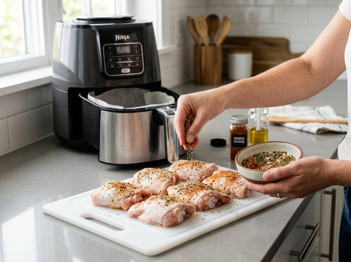 Hands seasoning raw chicken thighs on a cutting board next to an open air fryer in a kitchen.