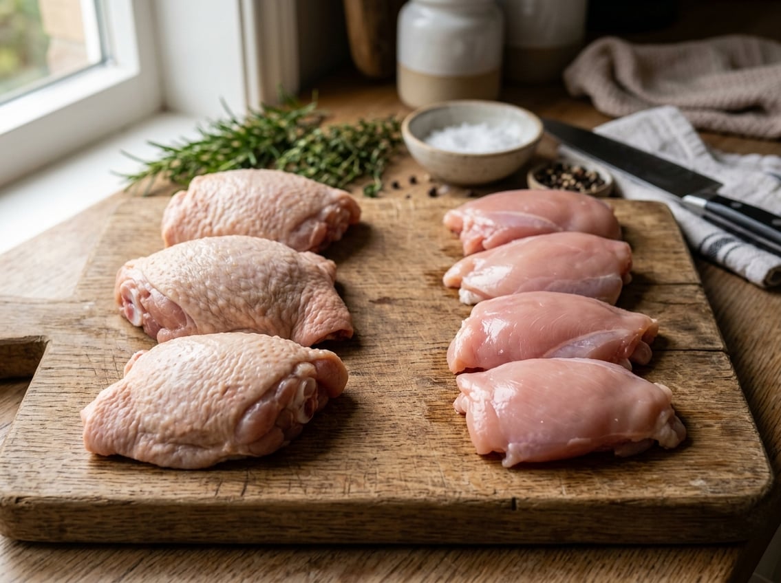 Close-up of raw chicken thighs on a wooden cutting board, showing bone-in with skin on one side and boneless skinless on the other.