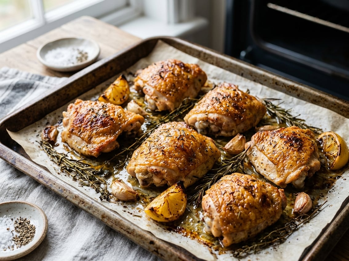 Close-up of crispy golden brown chicken thighs on a baking tray with herbs and lemon wedges.