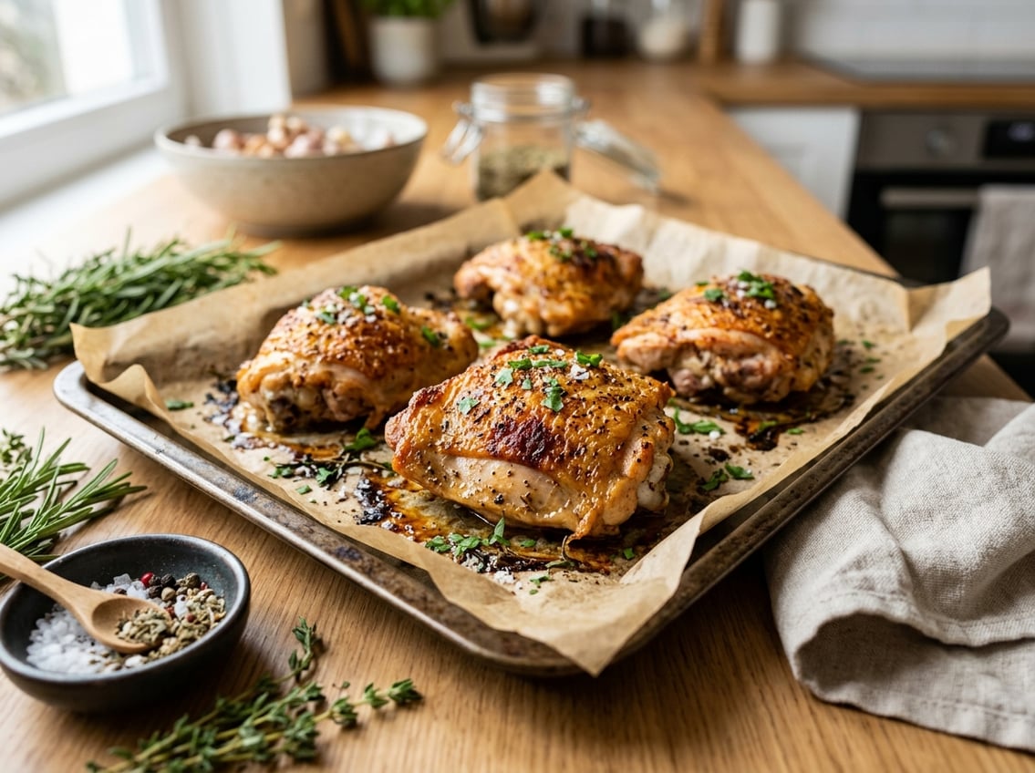 Close-up of golden crispy chicken thighs on a baking tray with herbs and kitchen tools nearby on a countertop.