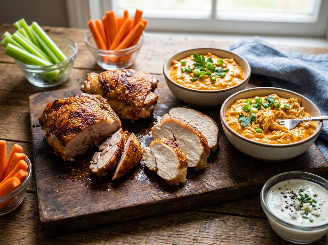 Close-up of cooked chicken thighs and breasts on a wooden board next to bowls of buffalo chicken dip, celery sticks, and carrot sticks.