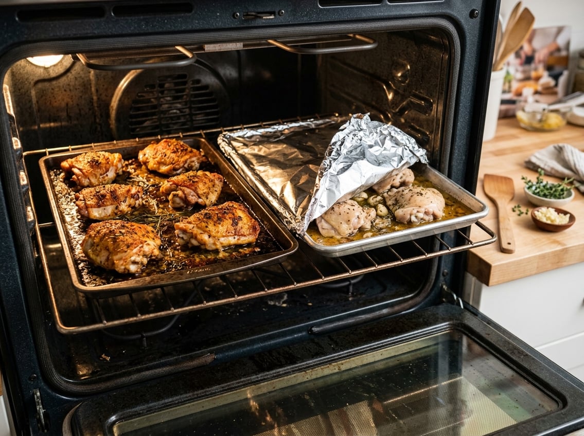 Two trays of chicken thighs in an oven, one covered with foil and the other uncovered, showing different cooking styles.