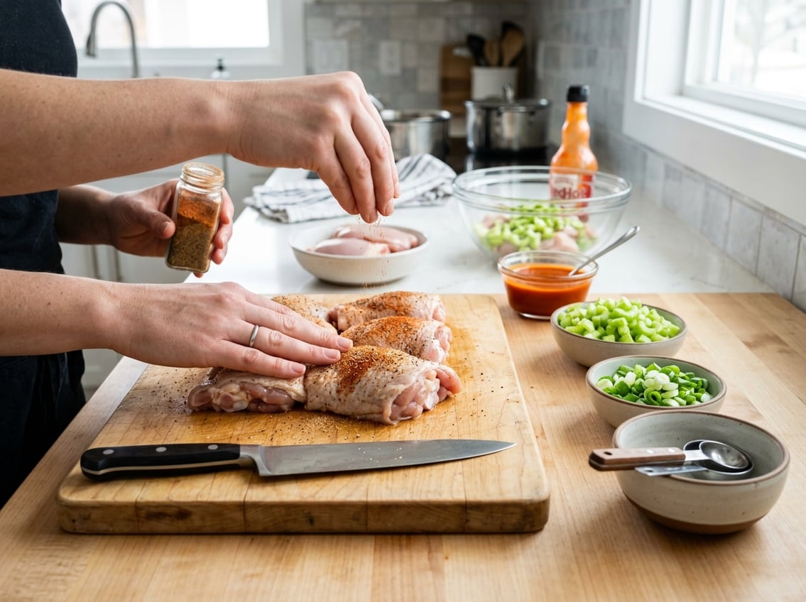 Hands seasoning raw chicken thighs on a kitchen countertop with fresh ingredients and cooking utensils nearby.