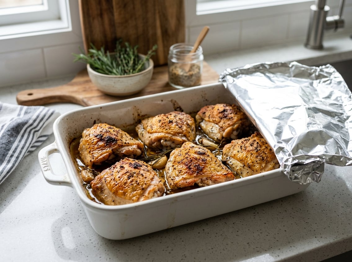 Close-up of golden brown baked chicken thighs in a white baking dish, partially covered with foil, with fresh herbs on a kitchen countertop.