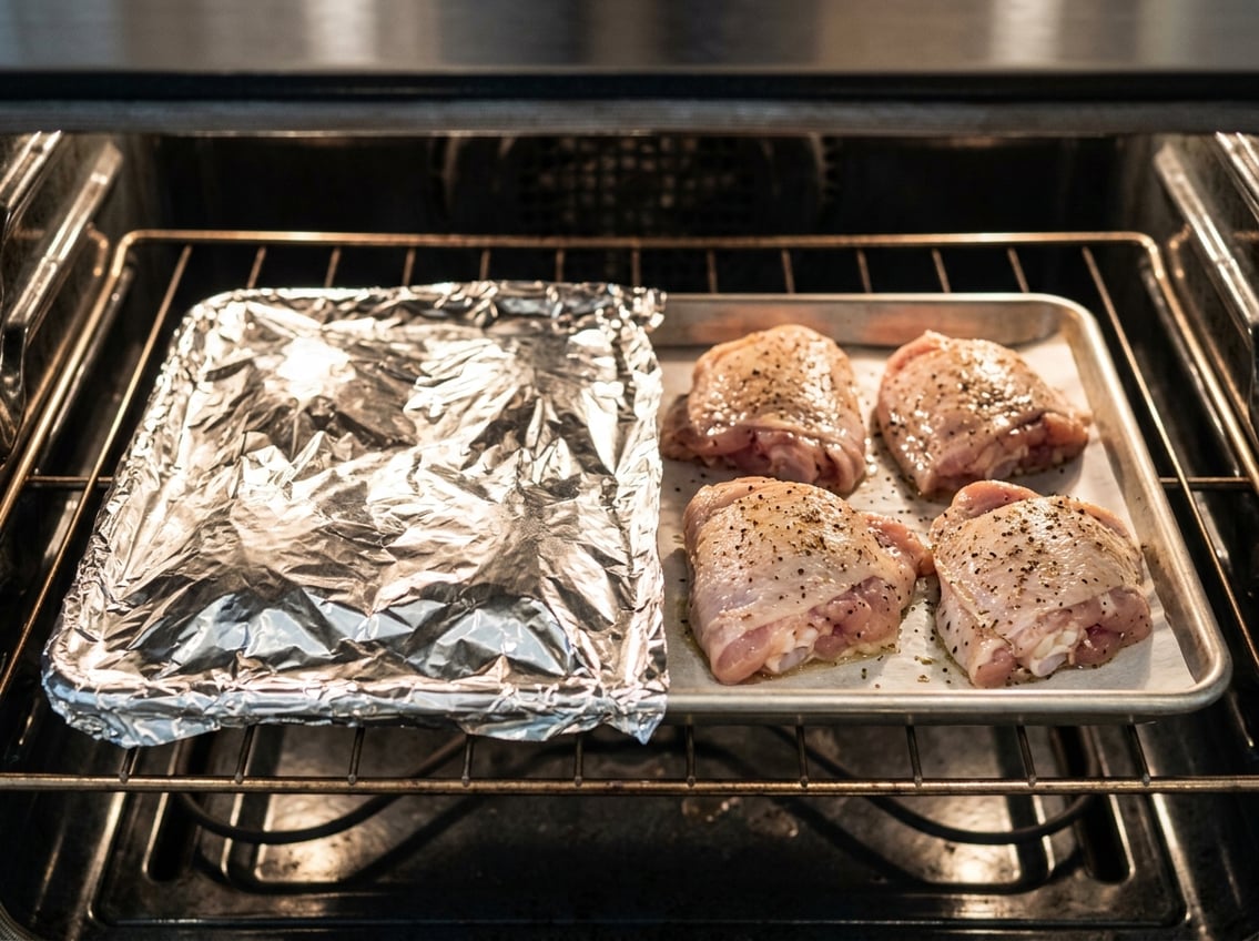 Close-up of raw chicken thighs in an oven, some covered with foil and others uncovered on a baking tray.