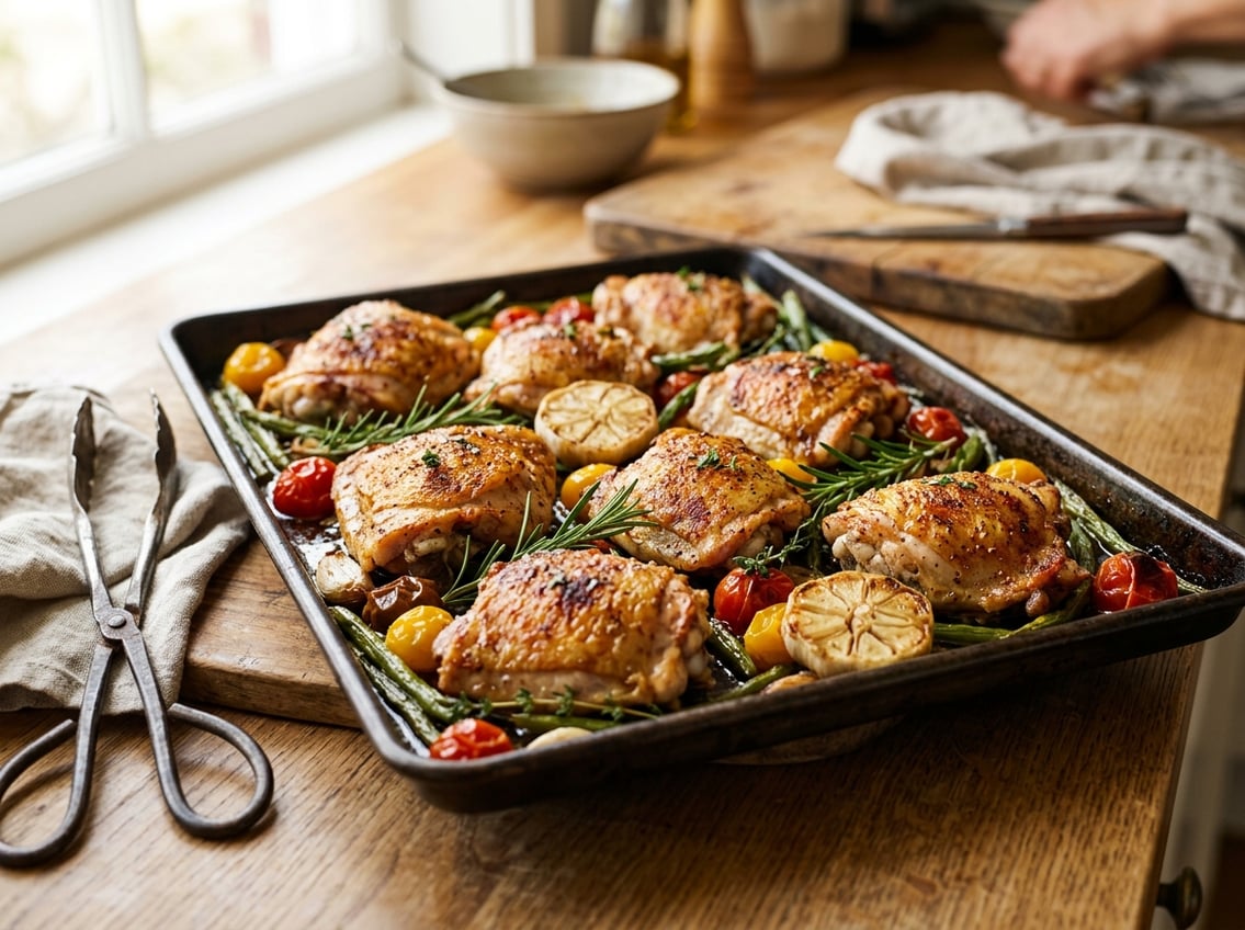 A tray of golden brown oven-baked chicken thighs garnished with herbs and surrounded by roasted vegetables on a kitchen counter.
