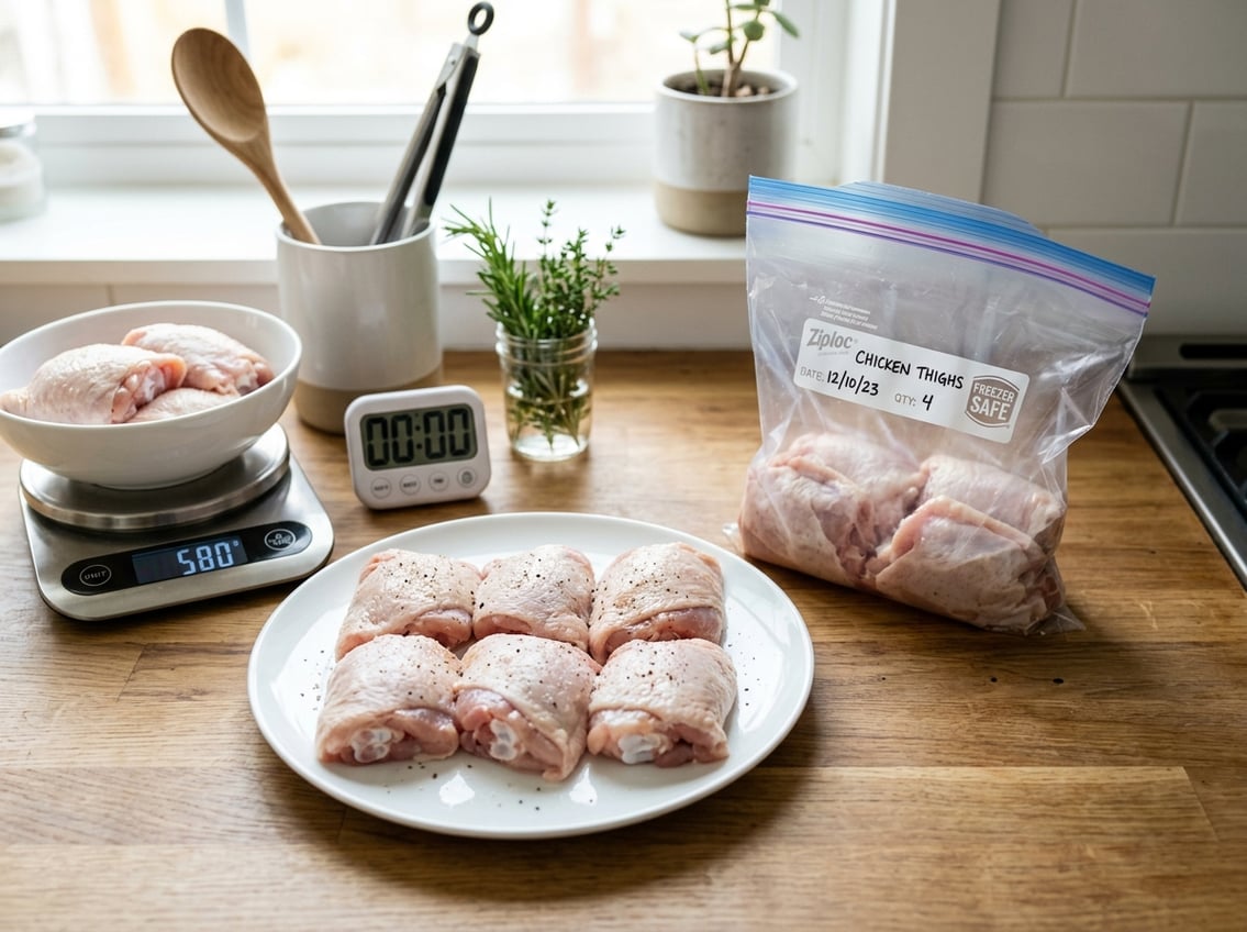 Raw chicken thighs on a plate next to a plastic freezer bag, a kitchen scale, and a timer on a wooden countertop in a kitchen.