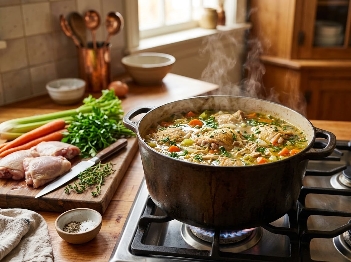 A pot of steaming chicken soup with chicken thighs and vegetables on a stove, surrounded by fresh ingredients in a kitchen.