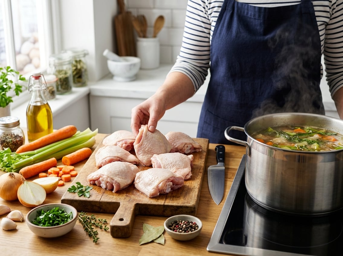 Fresh raw chicken thighs on a cutting board next to vegetables and a pot of simmering broth in a kitchen.