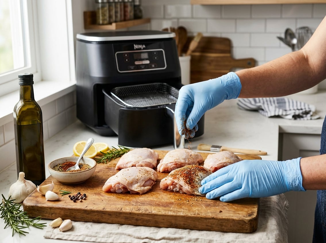 Hands seasoning raw chicken thighs on a cutting board with an air fryer in the background on a kitchen countertop.