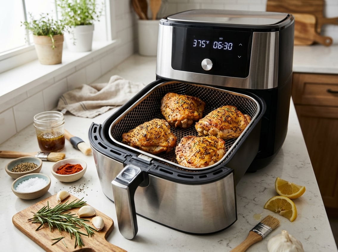 Close-up of seasoned chicken thighs cooking in an air fryer with fresh herbs and ingredients on a kitchen countertop.