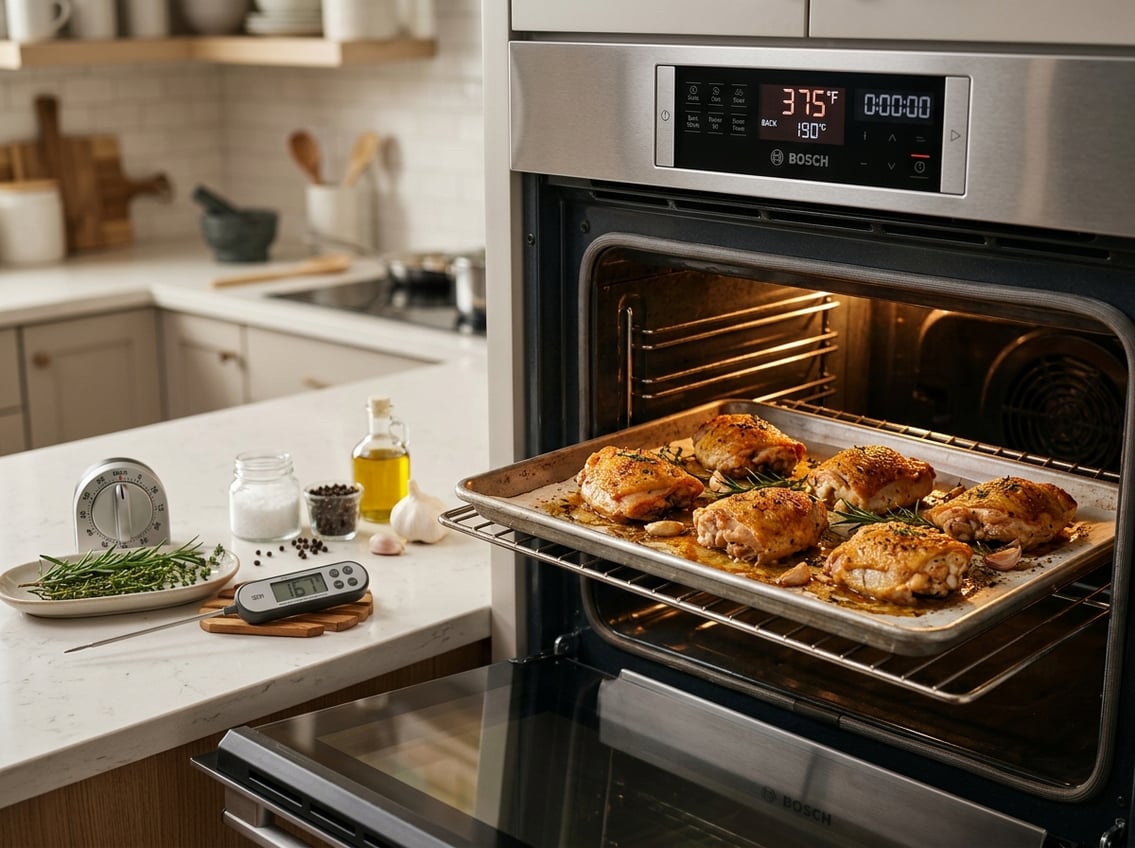 Close-up of an open oven with golden-brown chicken thighs baking inside, surrounded by kitchen utensils and fresh herbs on the countertop.