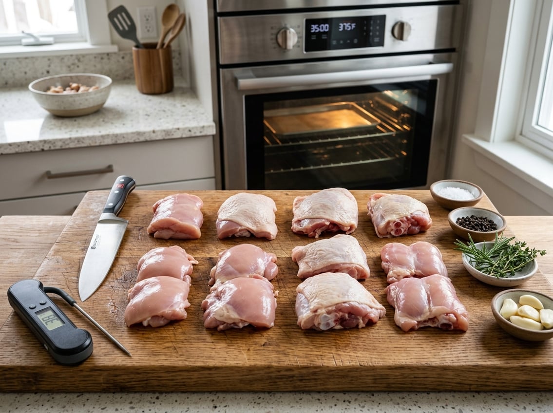 Various raw chicken thigh cuts on a wooden board with cooking utensils and a kitchen oven in the background.