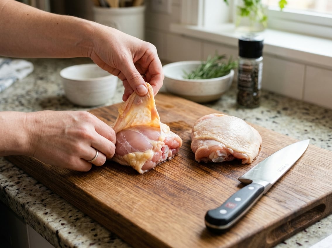 Hands peeling skin off raw chicken thighs on a cutting board with a knife nearby in a kitchen.